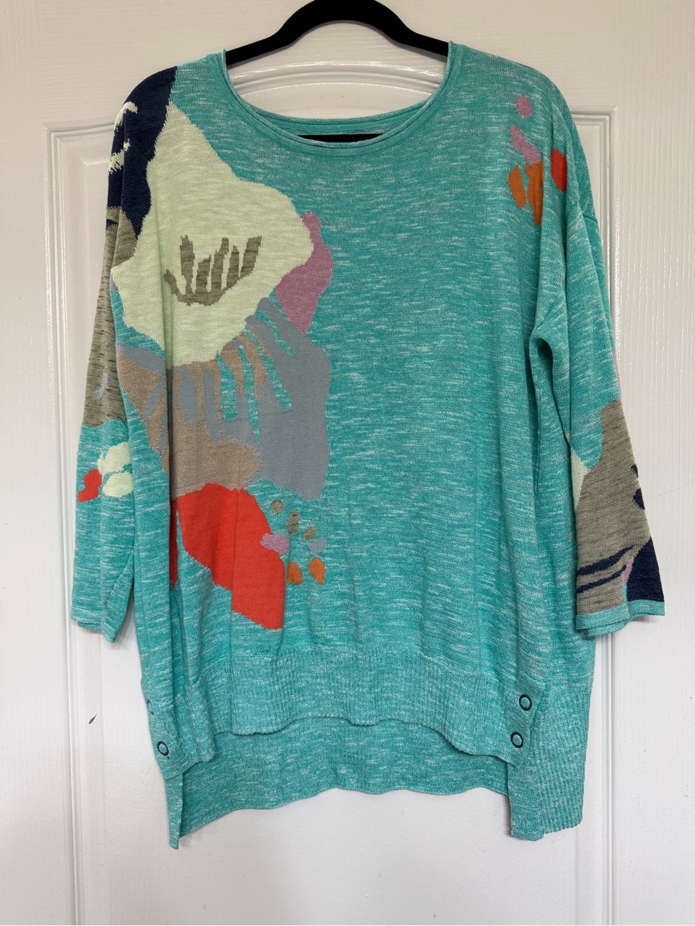 Nic+Zoe Petal Burst Sweater Teal Abstract Floral Knit Large Side Snap NWOT